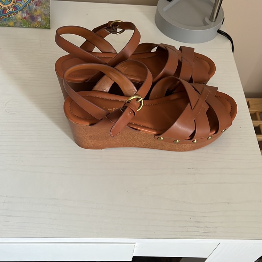 Nine West Cognac Wedge Sandals 8.5 - Picture 2 of 6
